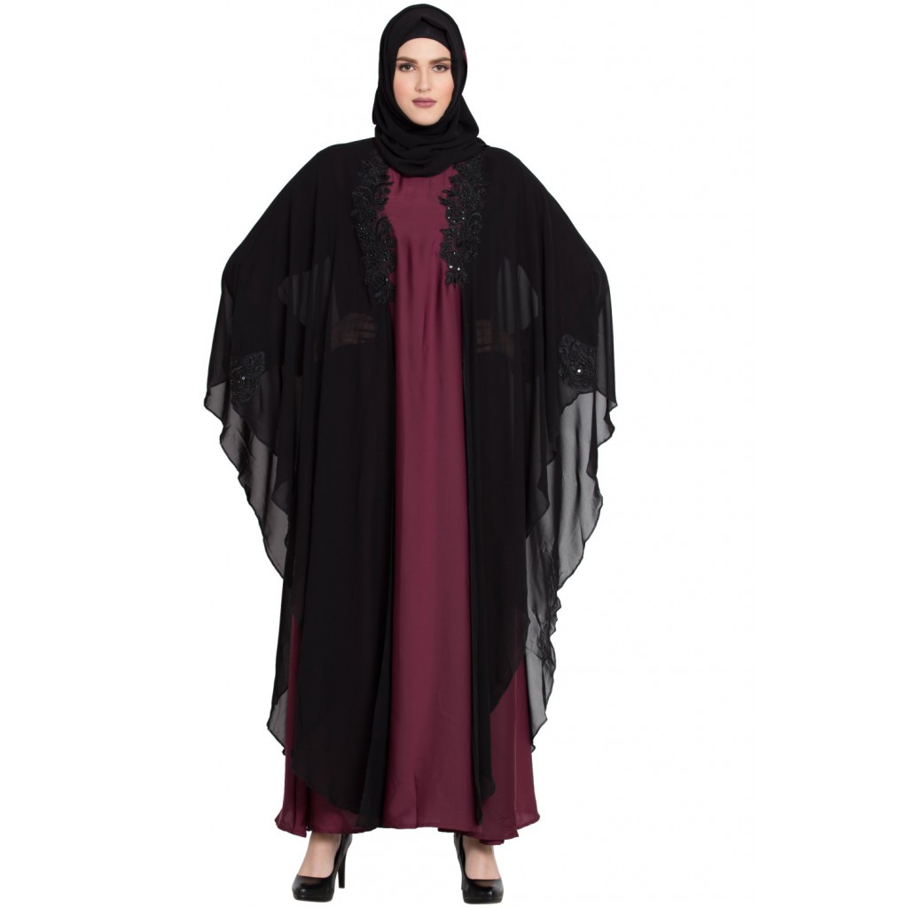 Black & Wine Patch Work Designer Kaftaan Abaya For Girls| Mubarak Deals